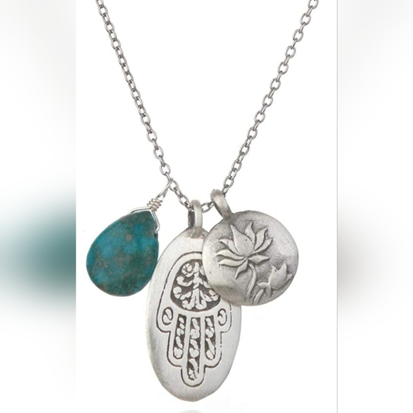 Satya Hamsa Lotus Turquoise Sterling Silver  Charm Necklace 18 Inch - Picture 1 of 6